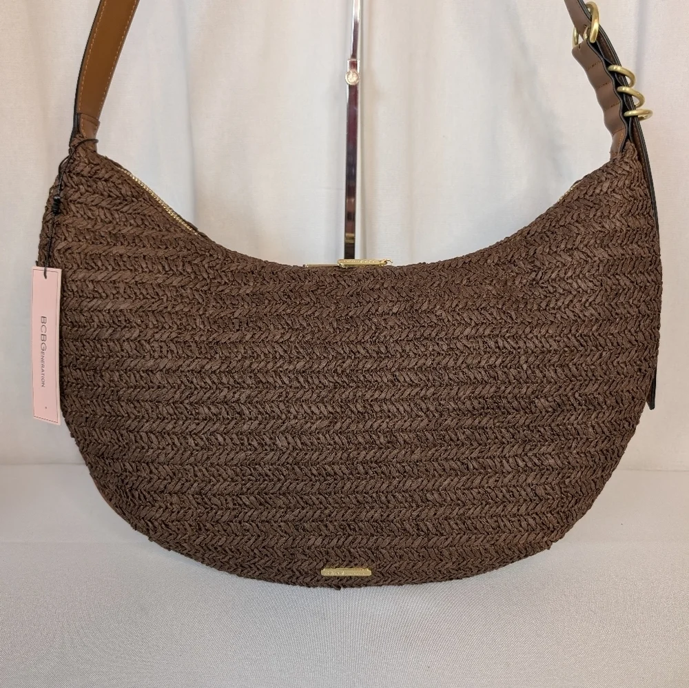 BCBG Brown Woven Crescent Hobo Shoulder Bag NWT